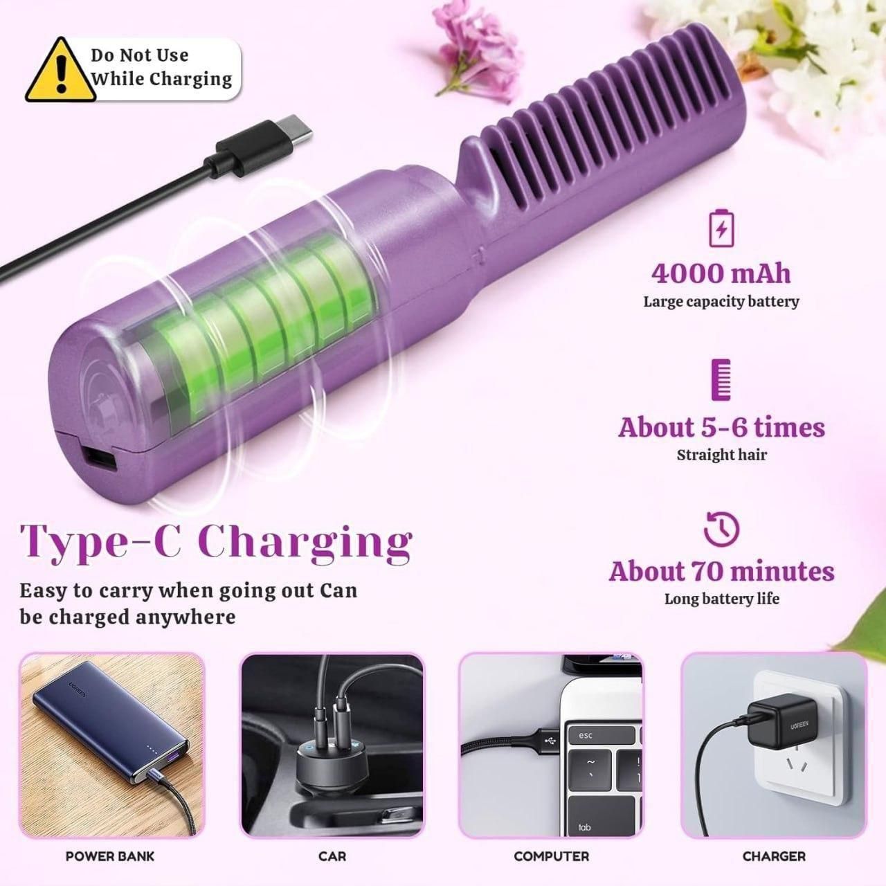 Portable Cordless Mini Hair Straightener Comb – Rechargeable Travel Hair Styler for Women