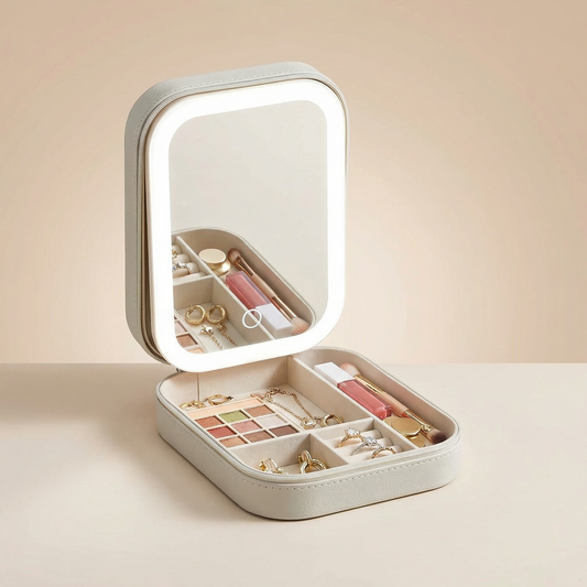 Portable LED Mirror Jewelry Organizer Box – Travel Storage Case for Women